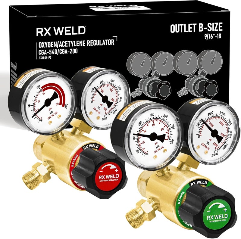 RX WELD Oxygen and Acetylene Regulators, CGA540 and CGA200, Compatible with V-Style Welding Gas Torch Cutting - PC Handle - Image 1